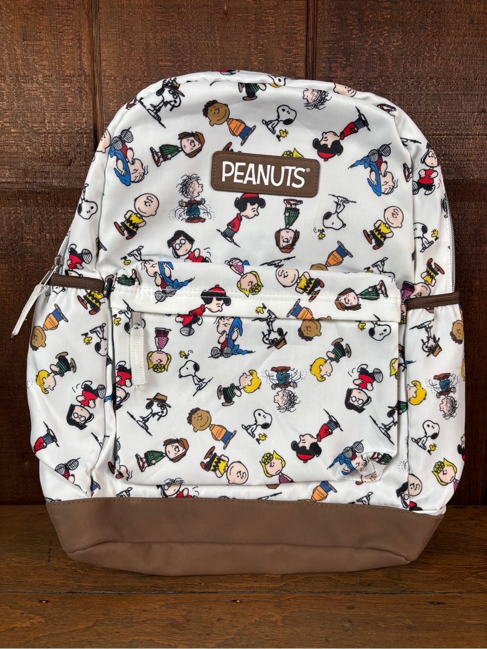 Peanuts Snoopy & FriendsWhite Character Print Backpack with Brown Base and Trim